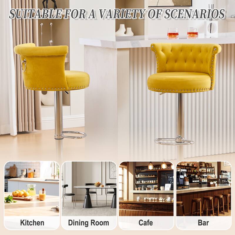 Velvet Bar Stool Set of 2, Adjustable Swivel Bar Stools with Silver Plated Metal Leg, Counter Height Chair