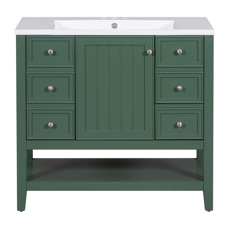 36-Inch Bathroom Vanity with Ceramic Sink - Solid Wood Frame, 3 Drawers, 1 Cabinet & Shelf - Modern Freestanding Design