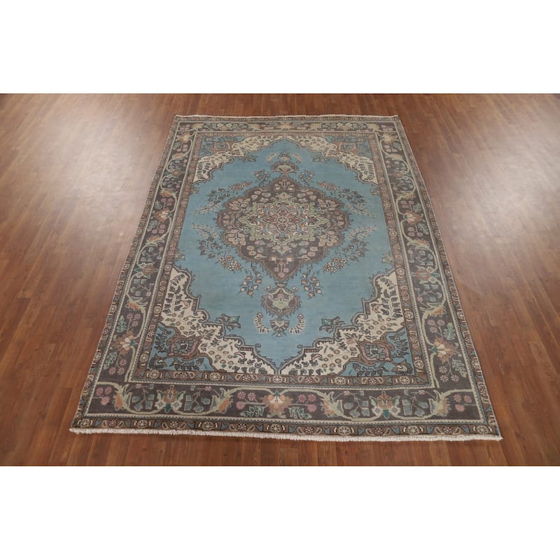 Light Blue Tabriz Vintage Persian Area Rug Handmade Wool Carpet - 6'7" x 9'3"