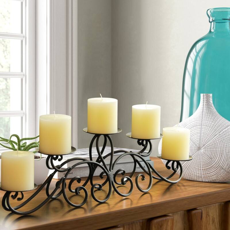 Adeco 5-pillar Iron Table Top Candle Holder - 24.4"x 4.5"x 6.5"