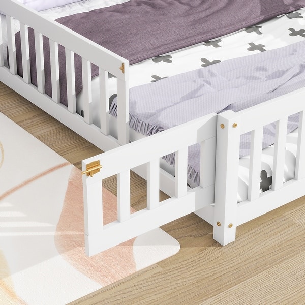 slide 2 of 10, Full Size House Floor Montessori Bed with Fence and Roof, White White - Full