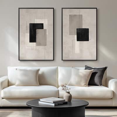 Framed Neutral Abstract Wall Art,Black and Beige Modern Canvas