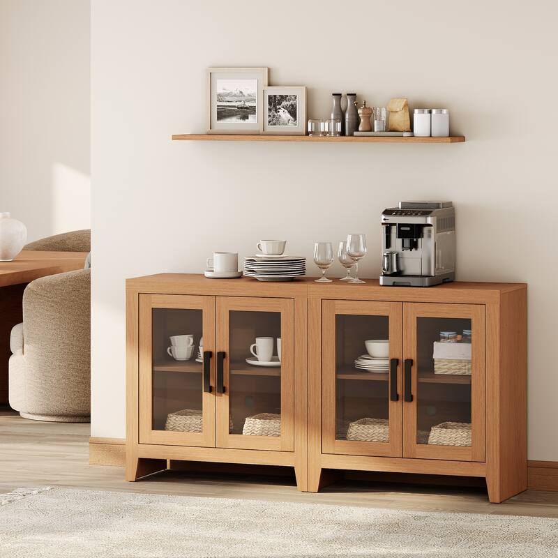 WAMPAT Modern Farmhouse Modular Buffet Cabinet, Glass Door Sideboard with Adjustable Shelves