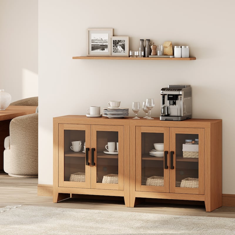 WAMPAT Modern Farmhouse TV Stand, Entertainment Center with Tempered Glass Doors & Adjustable Shelves