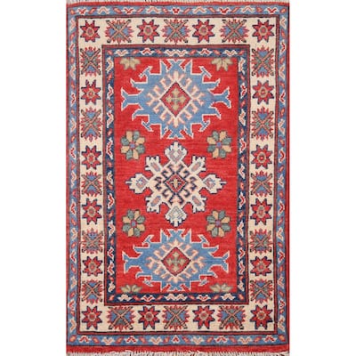 Geometric Kazak Accent Rug Handmade Red Wool Carpet - 1'10" x 2'11"