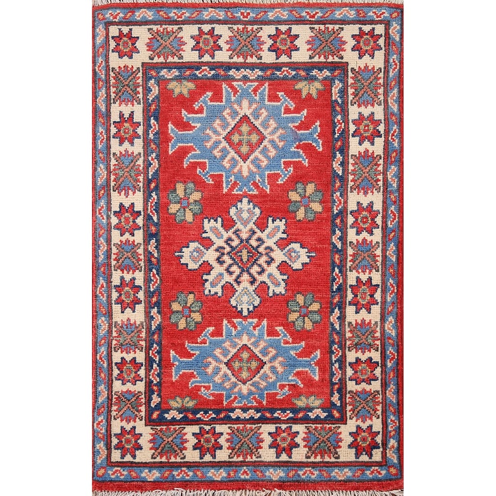 Geometric Kazak Accent Rug Handmade Red Wool Carpet - 1'10" x 2'11"