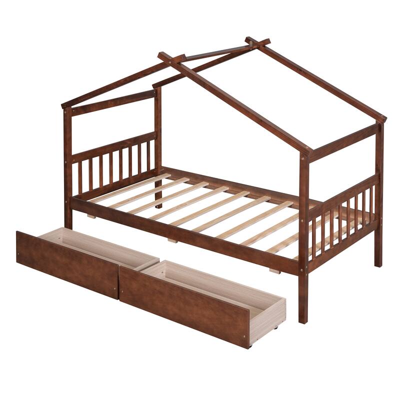 Creative Twin Size House-Shaped Wooden Bed with Drawers and Headboards for Kids