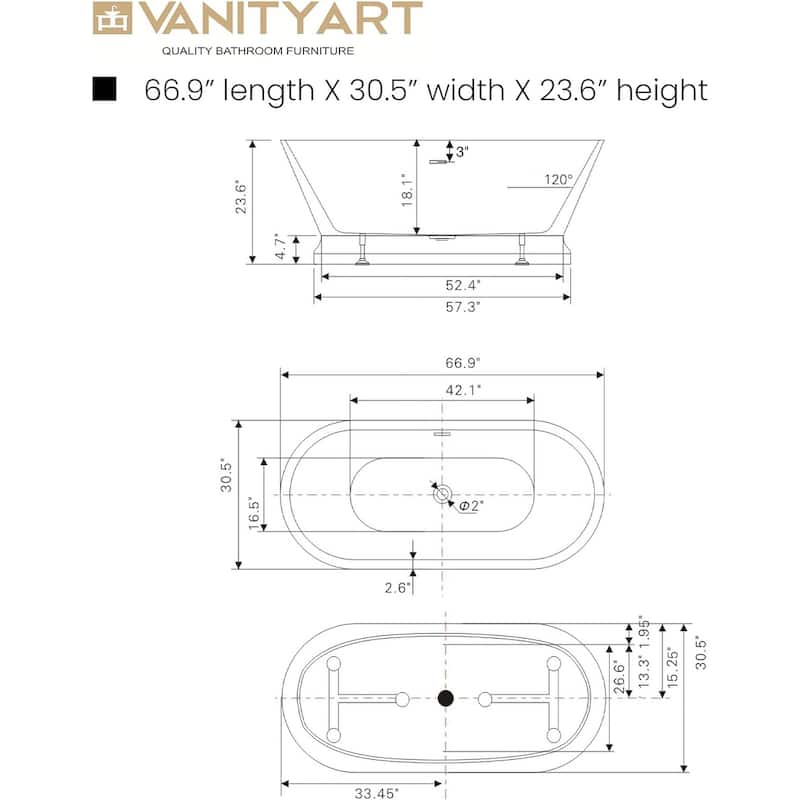 Vanity Art 67" Acrylic Freestanding Soaking Bathtub