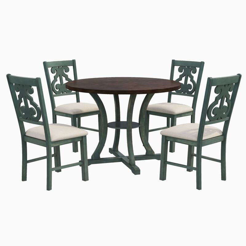 Antique Blue Retro 5-Piece Wooden Dining Table Set with 4 Chairs & Round Table