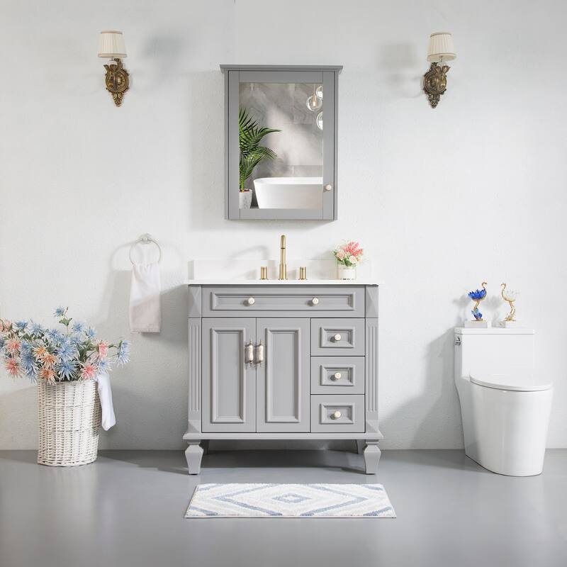 35'' H X 36'' W Solid Wood Bath Vanity with Stain-resistant Carrera Quartz Top and Single Sink - Titanium Grey