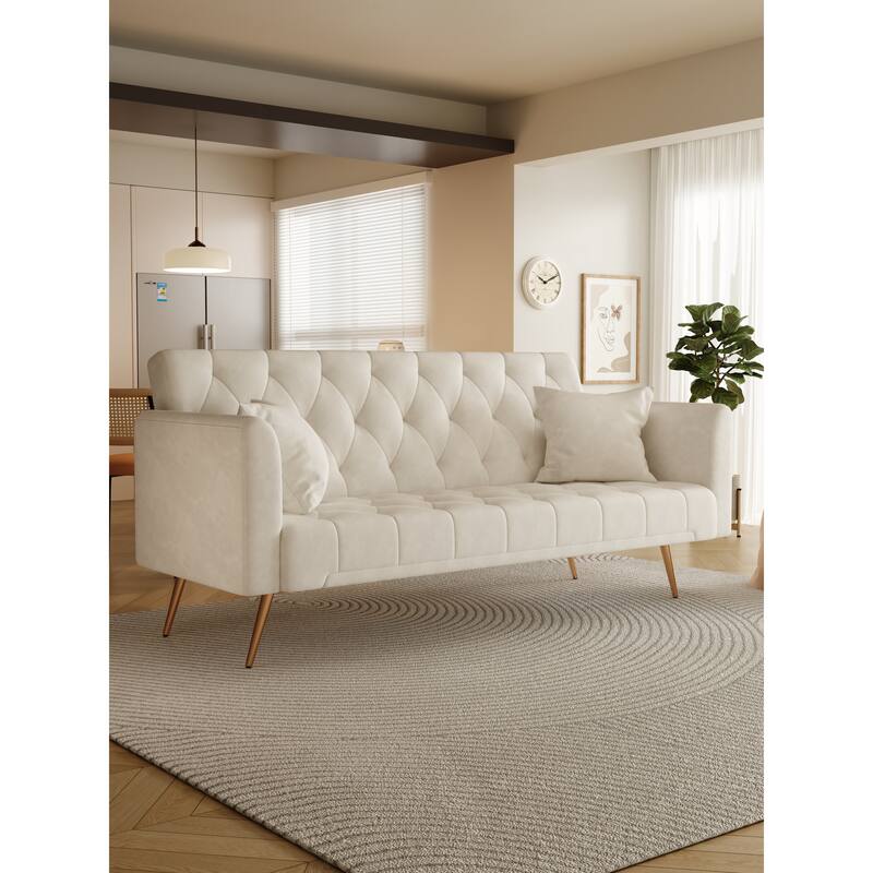 71'' Velvet Upholstered Convertible Folding Sofa Bed: Gold Metal Legs