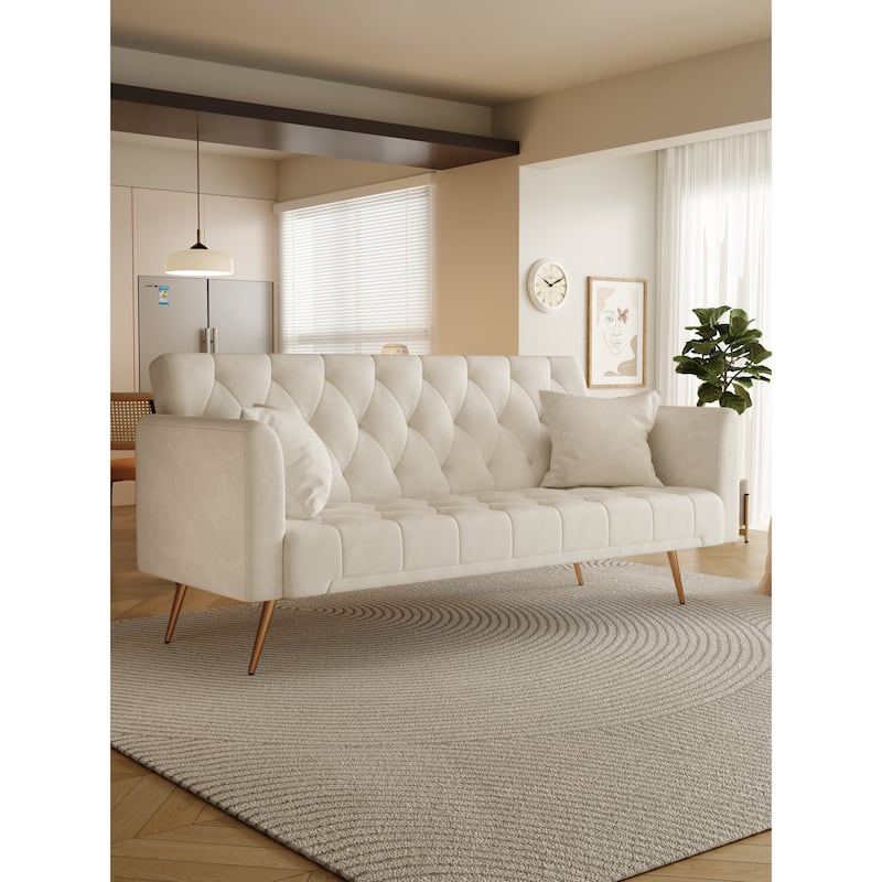 Velvet Loveseat Sofa Adjustable Backrest Sleeper Sofa Bed with 2 Pillow Upholstered Deep Seat Sofa, Tufted Couch