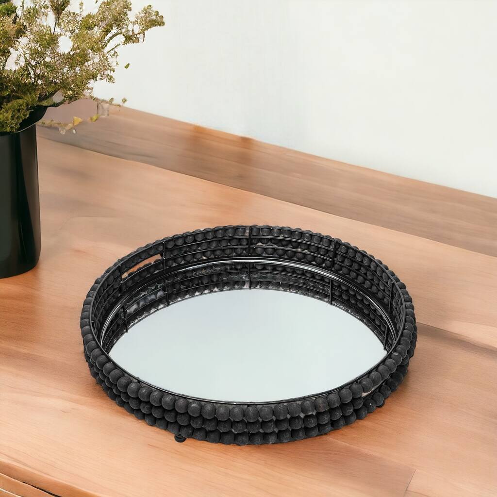 HomeRoots 21" Matte Black Wood With Bead Mirrored Glass Bottom Round Tray