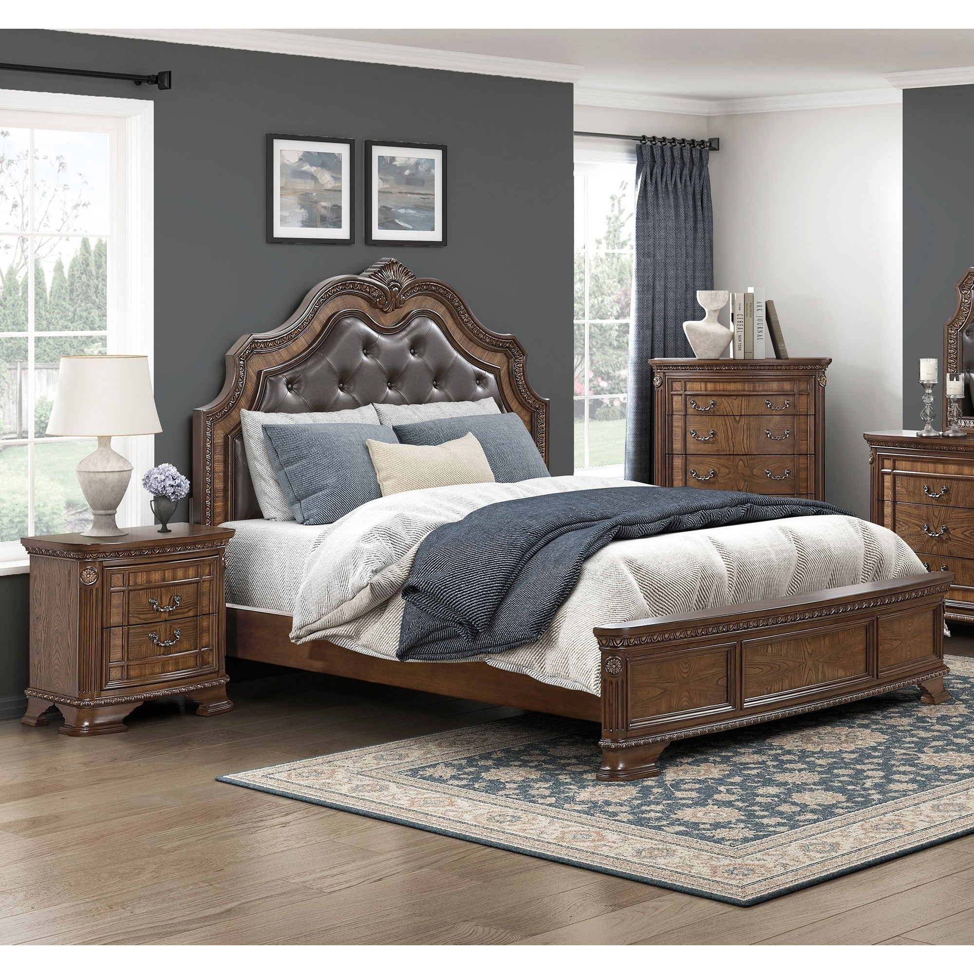 Bedroom Furniture Dark Brown Finish Bed Chest Nightstand 3pc Set