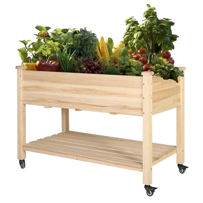 VEIKOUS Wood Raised Garden Bed Planter Box with Four Wheels and Legs, 46.8''W x 22.4''D x 33''H - 46.8''W x 22.4''D x 33''H - Natural Wood