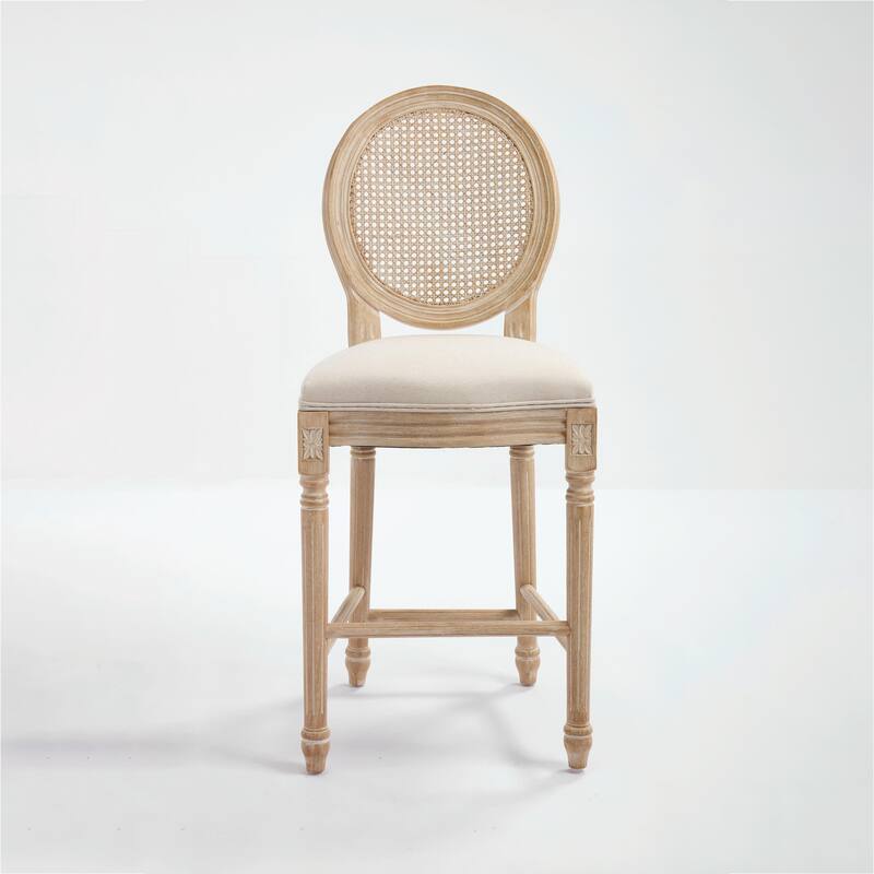 Set of 2 French Country Dining Chairs, Upholstered with Natural Rattan Round Back