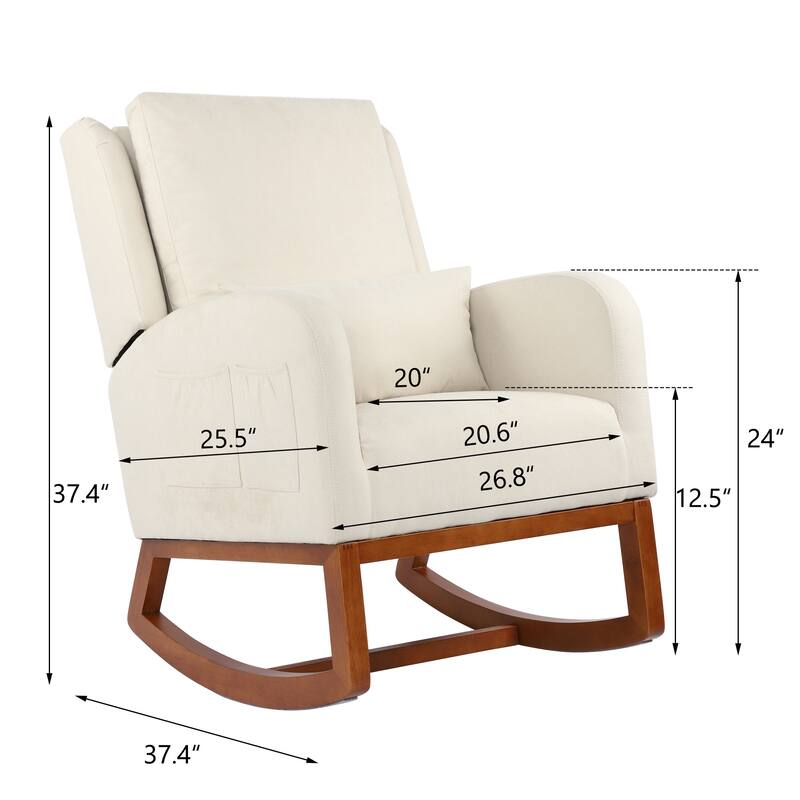 Nursery Rocking Chair High Back Armchair with Side Pocket Rubber Wood Legs and Pillow Flannel Chair for Living Room/Bedroom