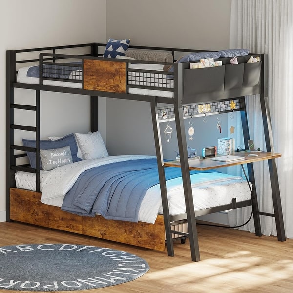 slide 2 of 26, LED Kids Bunk Bed with Desk Twin Over Twin Metal Loft Bed 2 Drawers Power Outlets