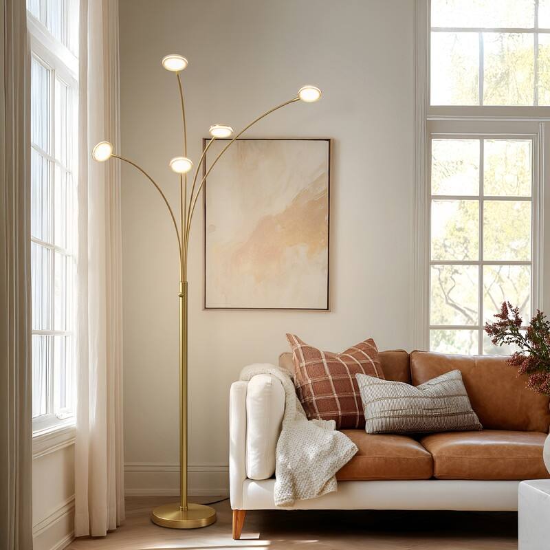 Brightech Orion 70 in. Antiqued Brass Contemporary Modern 5-Light LED Super Bright Floor Lamp with 5 Adjustable Swing Arm Heads