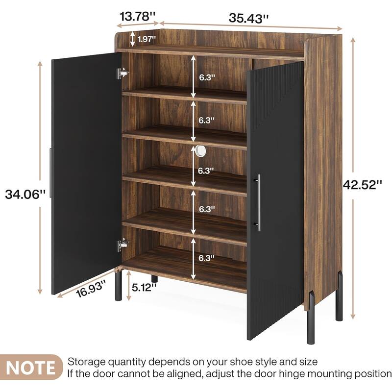 Modern 6-Tier Shoe Cabinet with Adjustable Shelves and 2 Doors for Hallway Entryway Storage - 35.43”L x 13.78”W x 42.52”H