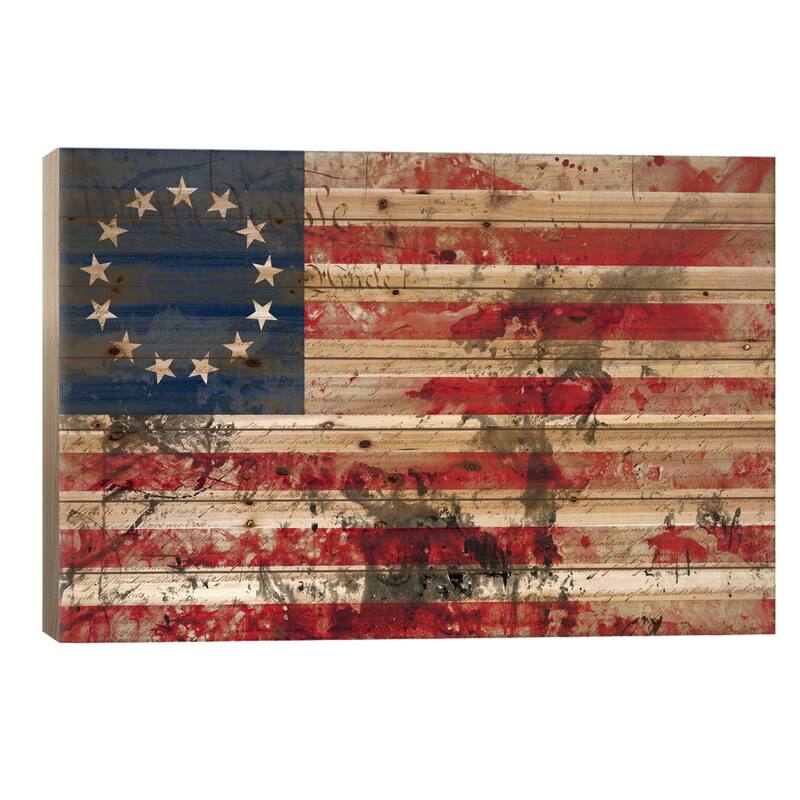 USA "Betsy Ross" Flag with Constitution Background I Print On Wood by iCanvas - Multi-Color - 26x40x1.5