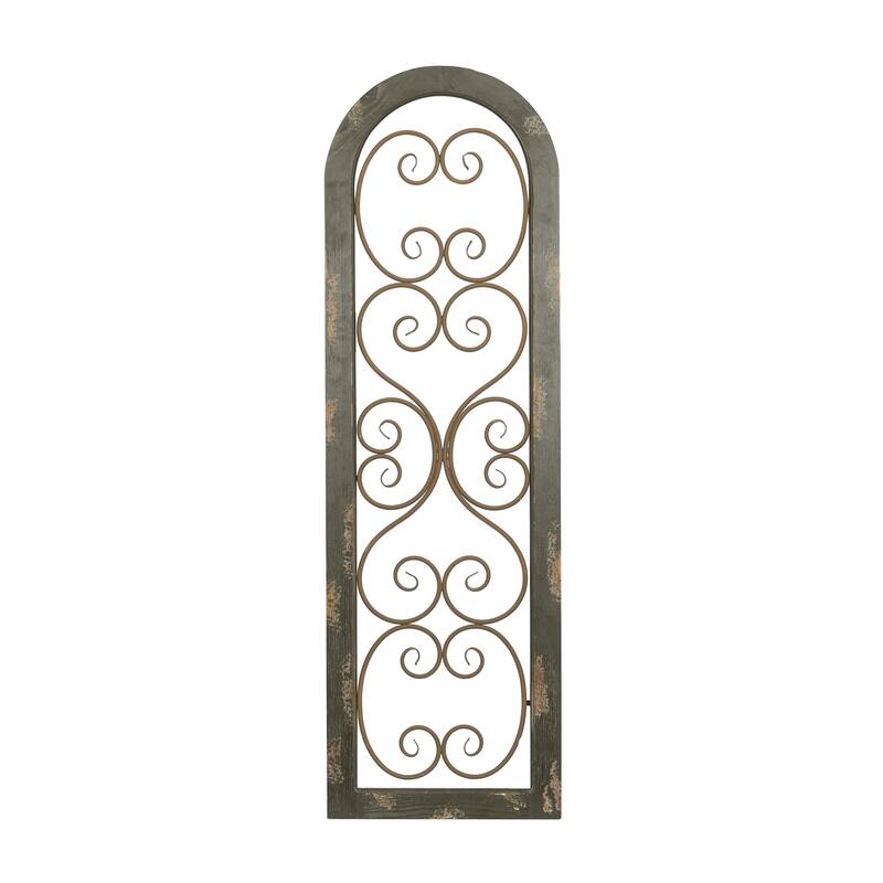 Wood Scroll Arched Window Inspired Home Wall Decor with Metal Scrollwork Relief - Brown - Roche River Decor - Brown