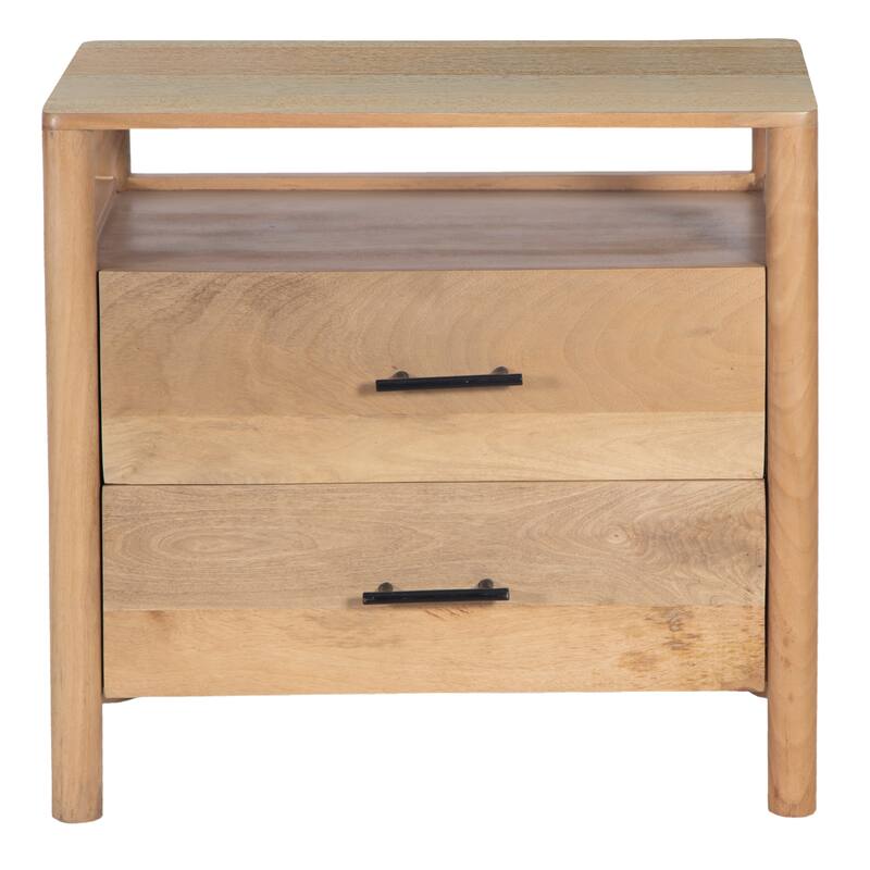 Geti 29 Inch Bedside Nightstand Table, Handcrafted Natural Oak White Mango Wood, 2 Drawer, Open Shelf