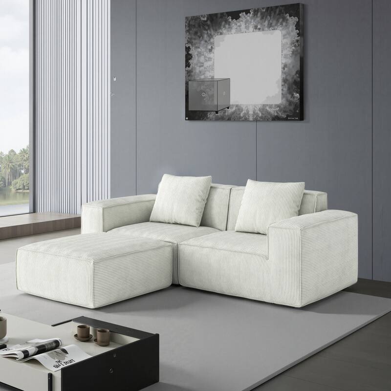 Chenille Fabric Sectional Sofa for Living Room,Tofu Block Sofa Floor Sofa - White - 2 Seater with Ottoman