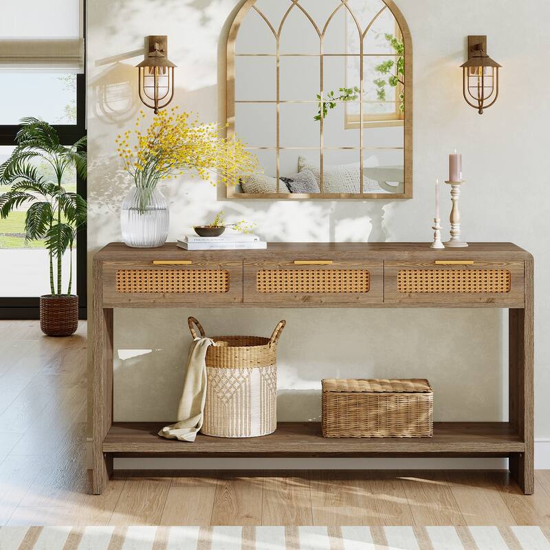 2-tier Entryway Table with Drawers, Console Sofa Table for Living Room - 13.78" D x 55.12" W x 32.68" H