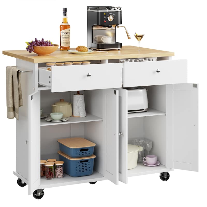 Kitchen Storage Island with 2 Drawers & Extendable Countertop - Rolling Storage Cart with Towel Rail, Lockable Wheels