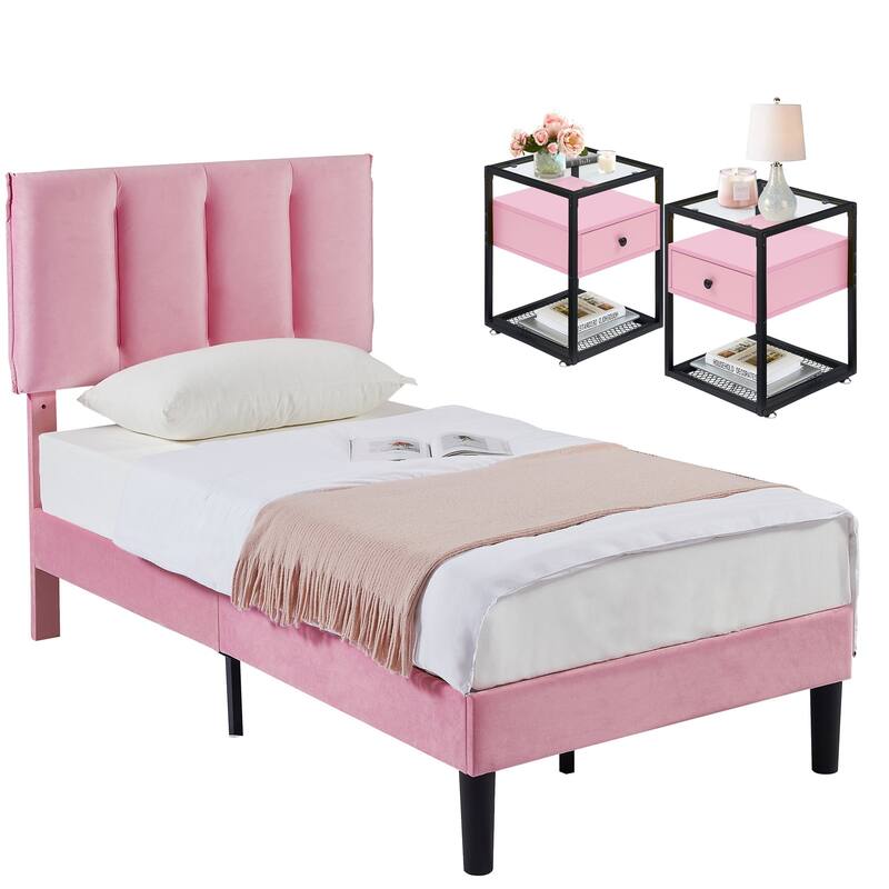 VECELO, Five Colors, 3-Pieces Tufted Upholstered Platform Bed Frame with Adjustable Height Headboard and Nightstands Set of 2