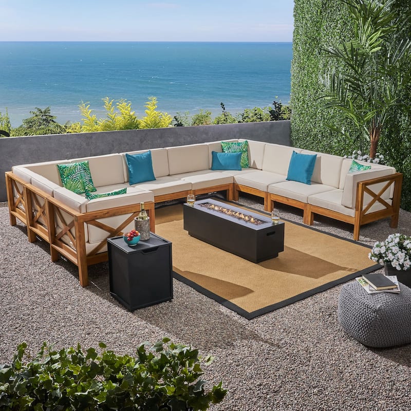 Comores Outdoor Acacia Wood 10 Seater U-Shaped Sectional Sofa Set with Fire Pit by Christopher Knight Home