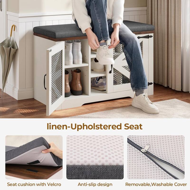Storage Bench with Cushion Adjustable Shelf Shoe Rack Cabinet
