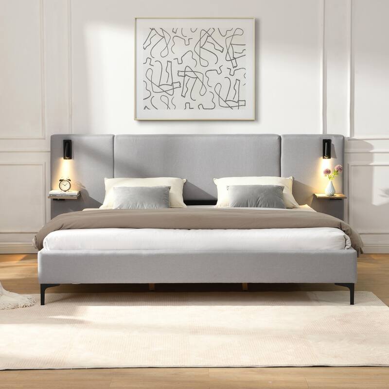 Chic Bouclé Upholstered Bed with Integrated Lighting and Shelves - Grey - King