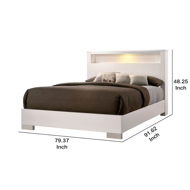 Modern Eastern King Size Bed with Shelved Headboard and LED Light, White