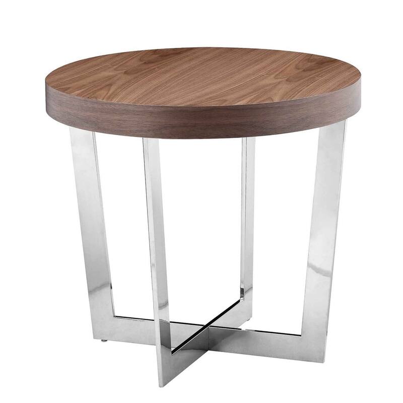 24 in. Walnut and Chrome Round Wood End Table, Sturdy Build End Side Table for Living Rooms