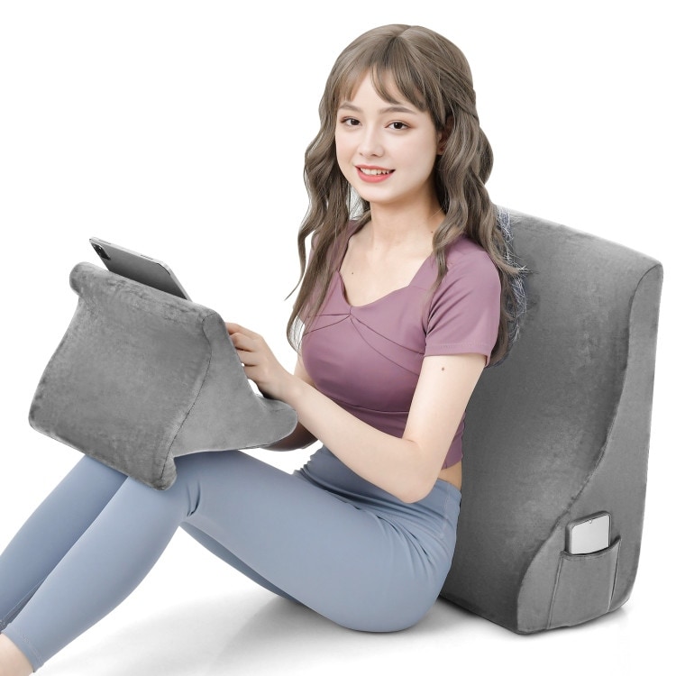 Bed Wedge Pillow with Tablet Pillow Stand and Side Pockets Grey