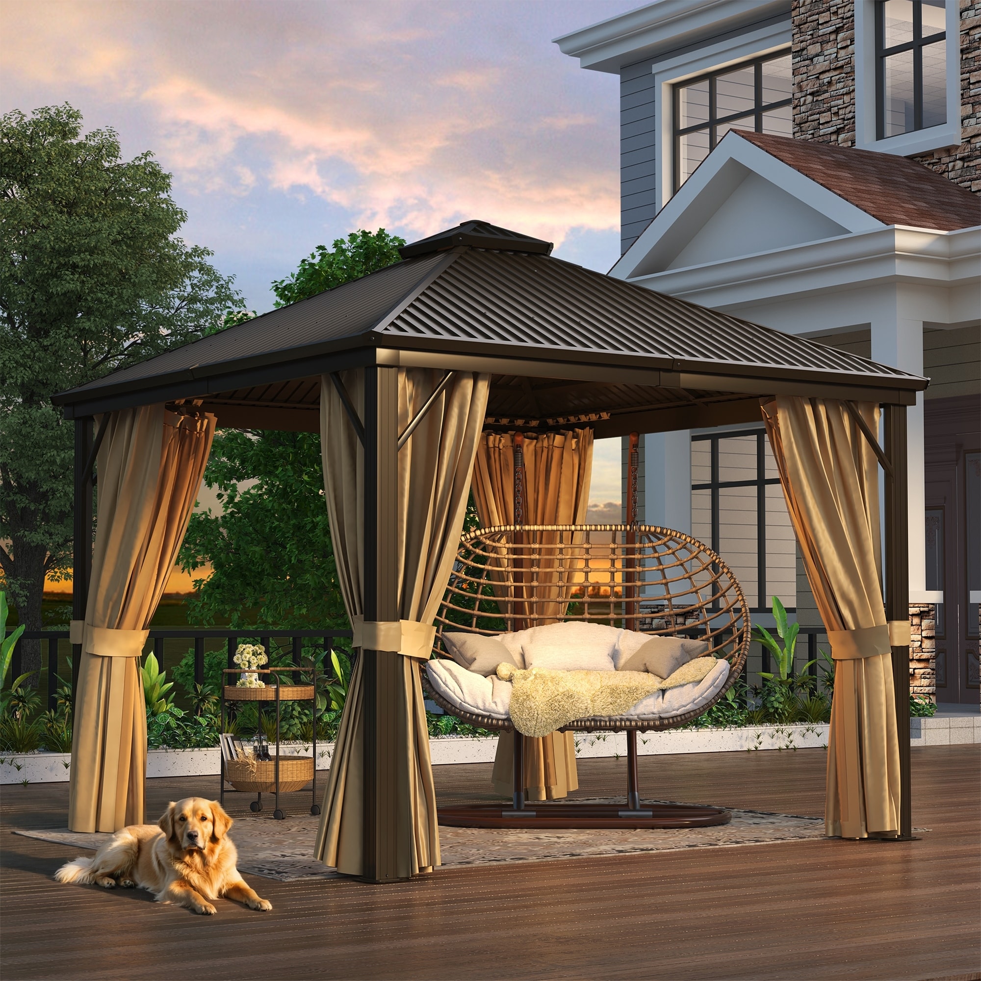 Permanent Hardtop Gazebo with Double Galvanized Steel Roof & UV-Resistant Curtains | Heavy-Duty Aluminum Frame for Patio