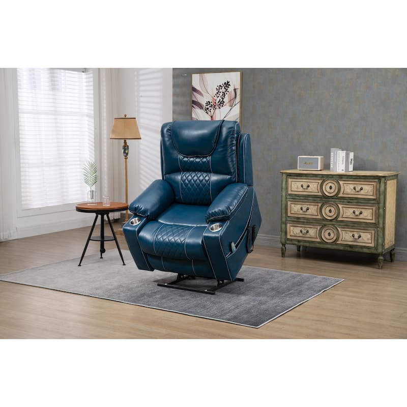 Oversized PU Leather Power Lift Recliner with Massage, Lumbar Heating, Cup Holder, 180° Flat Lay - Blue