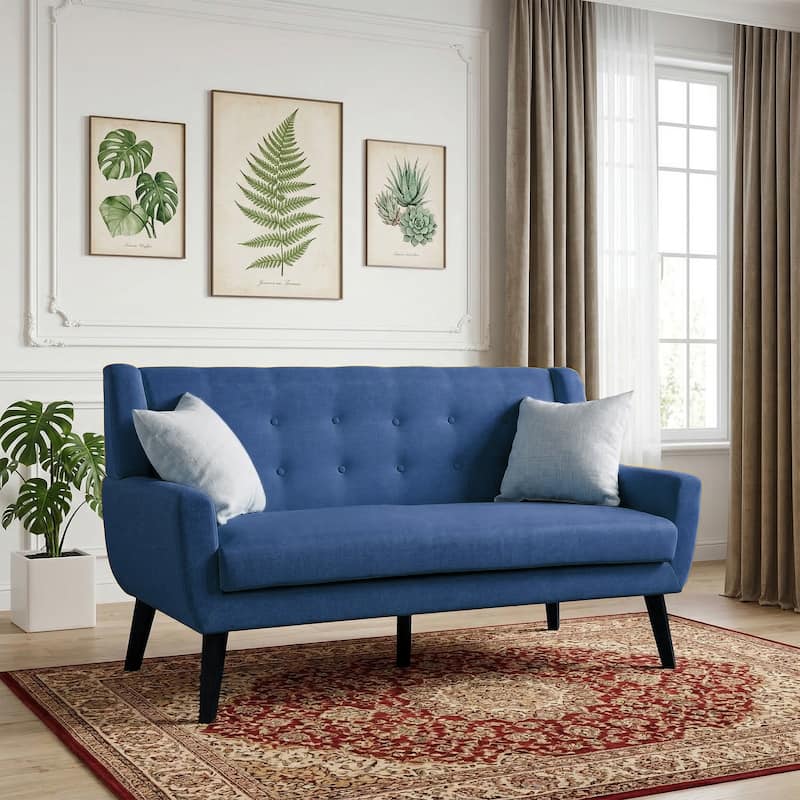 Modern 63-Inch Linen Tufted Loveseat Sofa with Pillows - Blue