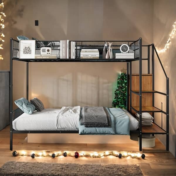 slide 2 of 24, Versatile Design Twin over Full Metal Bunk Bed with Wire Shelving and Lateral Storage Ladder and Wardrobe Black