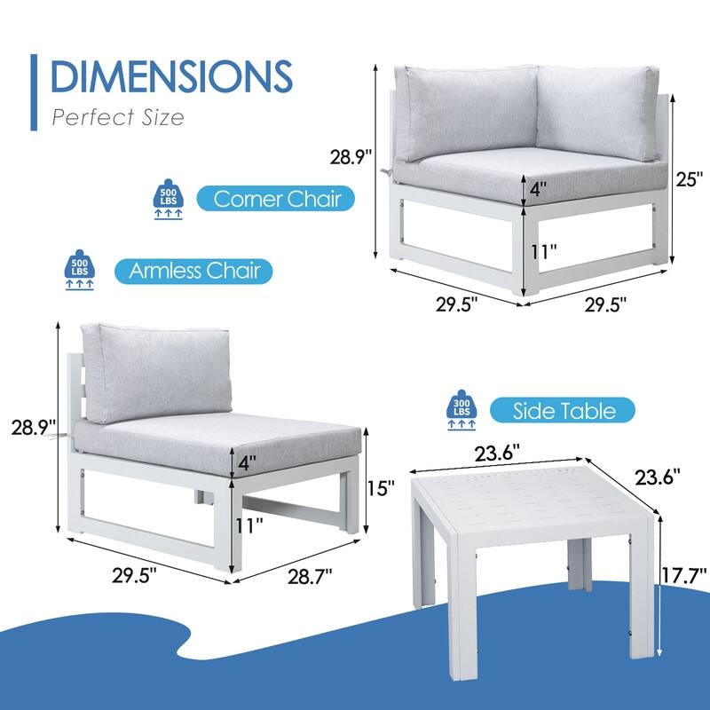 FINCATI White Aluminum Modern Patio Furniture Sectional Sofa Set with Cushion