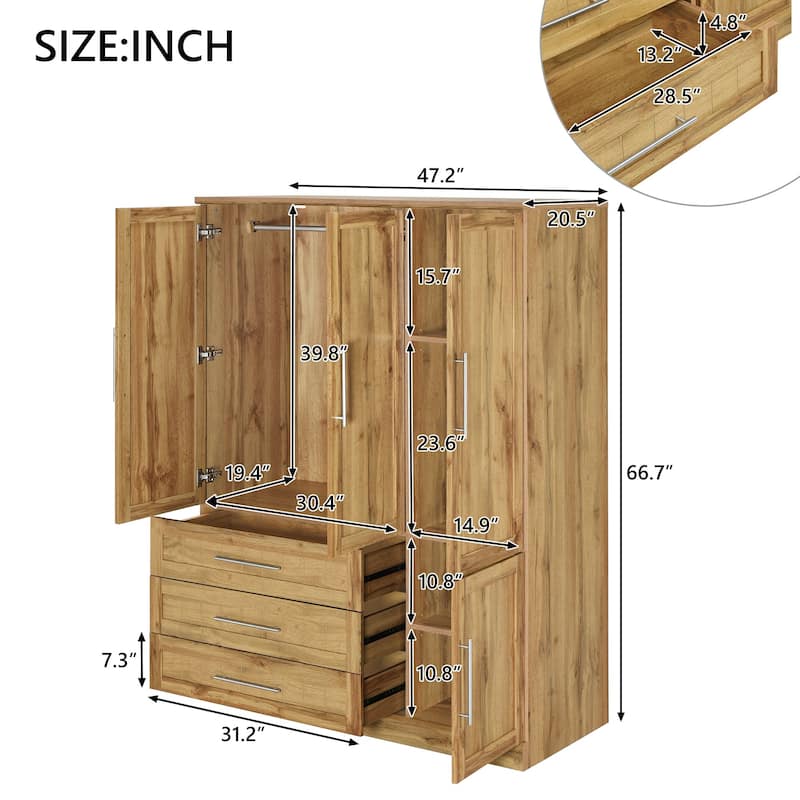 Wooden 4 Door Wardrobe Closet with 3 Drawers, Shelves & Hanging Space, Armoire Cabinet Organizer for Bedroom