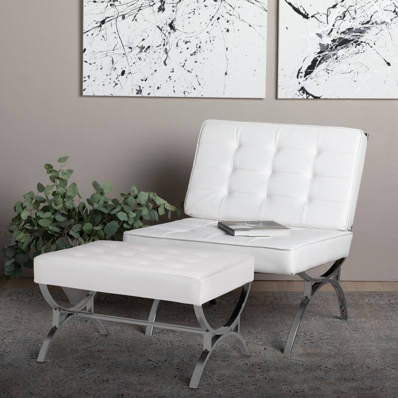 Newel Modern Blended Leather and Chrome Metal Frame Square Ottoman