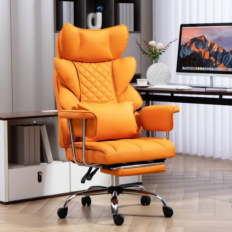 Comfortable Ergonomic Office Chair with Foot Rest, PU Leather Reclining Chair with Adjustable Height Headrest and Waist Lumber - Orange