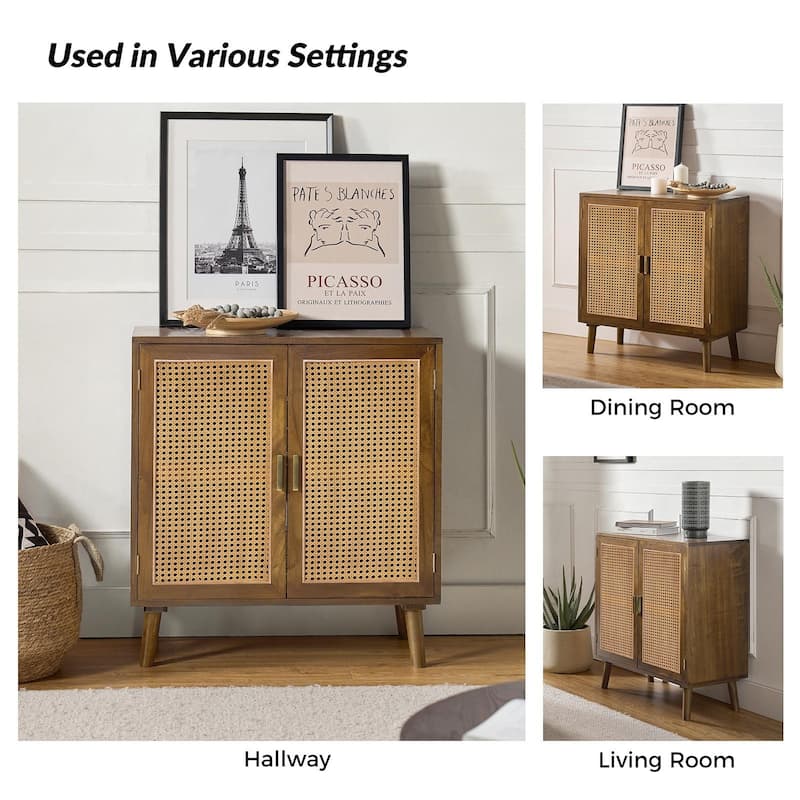 Woodland Multifunctional Rattan-Accented 2-Door Storage Stackable Buffet Cabinet with Solid and Wood Frame by HULALA HOME