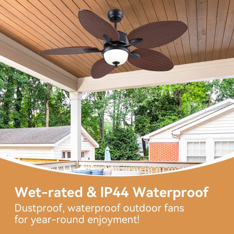 50 Inch Tropical Ceiling Fan with Llight Brown Palm Leaf Blades Glass Light Cover - 50 Inches