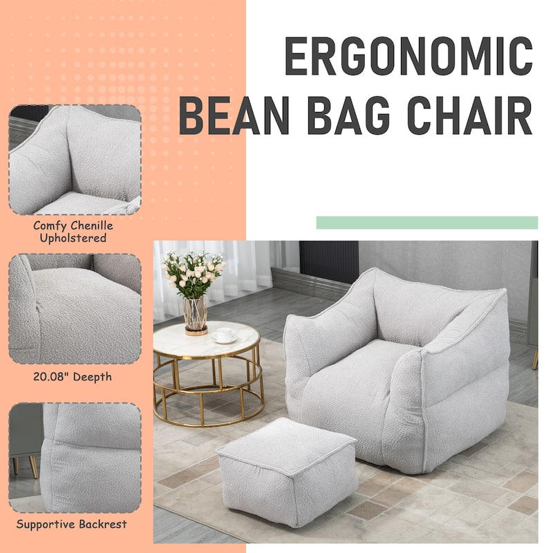 Boucle Upholstered Deep Seat Armless Square Bean Bag Chair with Ottoman
