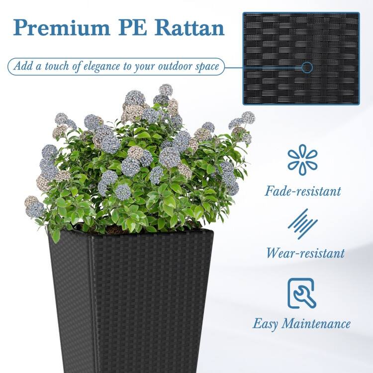 Black PE Rattan Metal Tall Planter Set of 2 with Drainage and Liner for Patio - 15" x 15" x 30" (L x W x H)