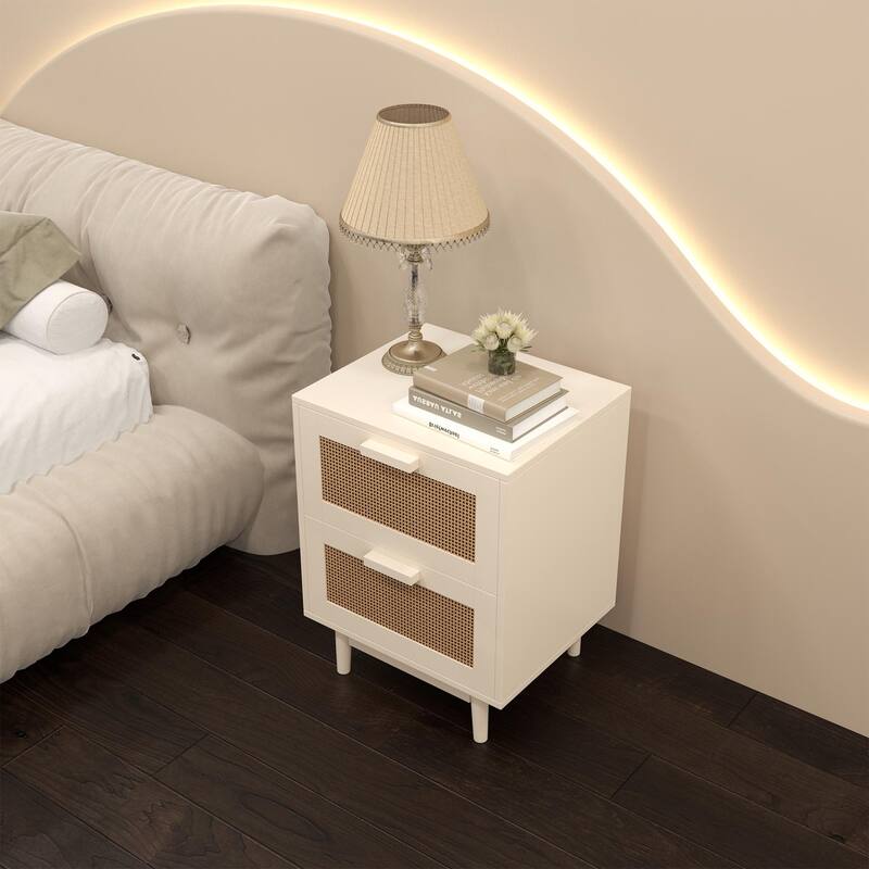 Nightstand with 2 Faux Rattan-Decorated Drawers, Entryway Accent Table with Wood Legs, Large Capacity Sofa Side Table